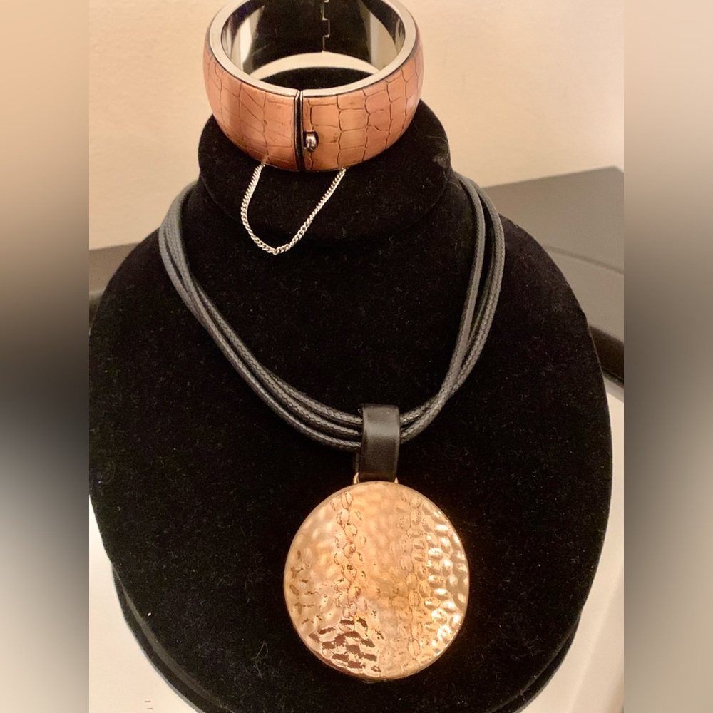 Copper pendent necklace with black leather like choker & Copper bracelet.